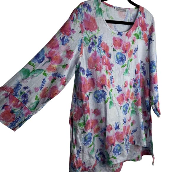 Cut Loose Blue Pink Floral 100% Linen Tunic Top 3/4 Sleeve HighLow Lagenlook SzM - Picture 2 of 7